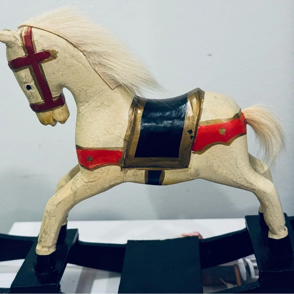 Vintage Carousel Rocking Horse 1940s Carved Wood Hand Painted Real Fur